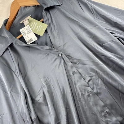 H&M 女式蓝色纽扣衬衫 XL 长袖回收涤纶上衣全新带标签 — 第 1/4 张图片