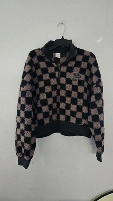 Chaqueta Pullover ROSA Victoria's Secret Negra y Marrón a Cuadros Polar Cuarto Cremallera Foto 1 de 4