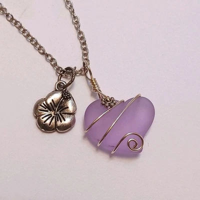 Alexandrite Heart Seaglass Hibiscus Flower Silver Necklace - Image 1 of 4