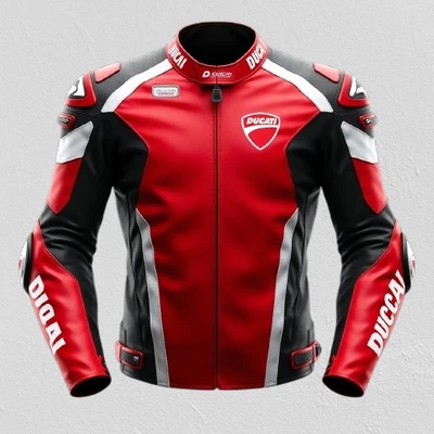 Chaqueta de cuero de vaca roja, negra Ducati MotoGP inspirada en motociclistas carreras Foto 1 de 3
