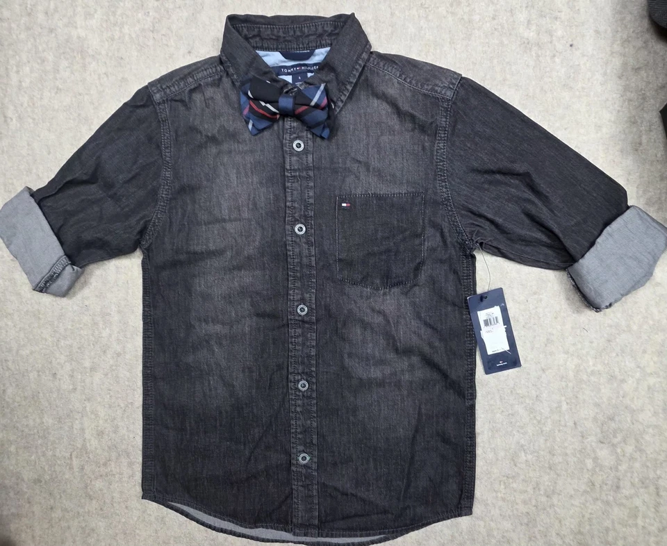 Camisa Tommy Hilfiger Niños Negra Denim Abotonada con Pajarita Extraíble Talla 6 Nueva con Etiquetas Foto 1 de 4