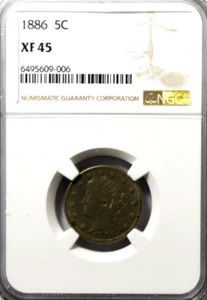 1886 5c V Liberty Nickel Five Cents Rare XF45 NGC - Picture 1 of 3