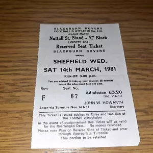 Boleto de partido de la División 2 1980-1981 (Blackburn V Sheffield Wednesday) - Imagen 1 de 2