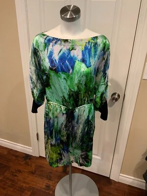 Robert Rodriguez Blue/Green Splatter Print Blouson Silk Dress, Size 8 - Image 1 of 4