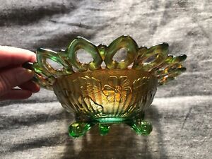 Northwood Green and Gold Opal SHELL & WILD ROSE 3-Footed Glass Bowl   circa 1910