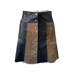 Vintage Leather Patchwork Mini Skirt XS Brown Black Snap Button Front Unlined 9 - Picture 1 of 6