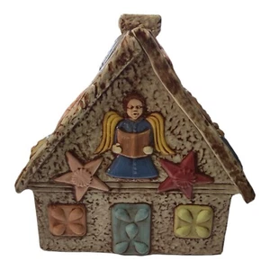 Vintage 70s Atlantic Mold Hand Painted Gingerbread House Cookie Jar Angel Tree - Bild 1 von 11