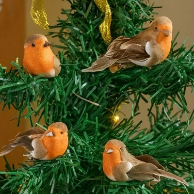 Christmas Robin Tree Decoration 4pc Set Red Breast Birds Xmas Home Decor Small - Image 1 of 4