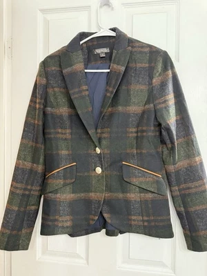 Renuar Plaid Jacket Women’s Sz. 2 Gold Buttons Pleather Elbow Patch Blue Blazer - Image 1 of 4