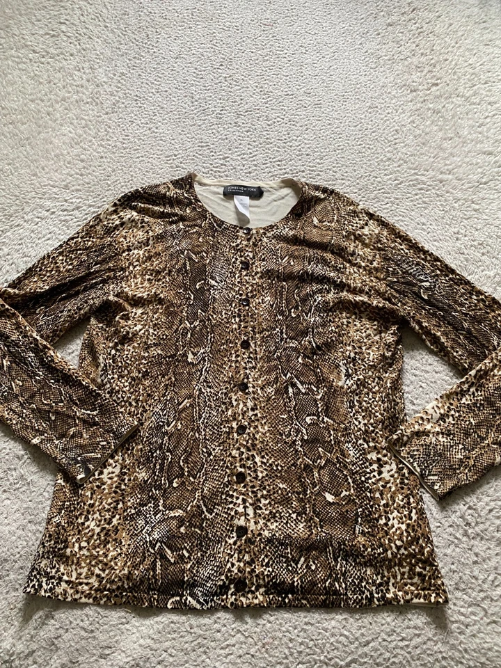 Jones New York Mujeres Piel de Serpiente Manga Larga Cárdigan Suéter Multicolor Talla XL Foto 1 de 4
