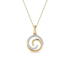 Solid 10K Yellow Gold 0.10 Cttw Round Cut Natural Diamond Swirl Pendant Chain - Picture 1 of 7