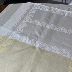 Vtg Linen Double Damask Tablecloth Napkin Set Gold & Ivory Wave Geometric - Picture 1 of 23