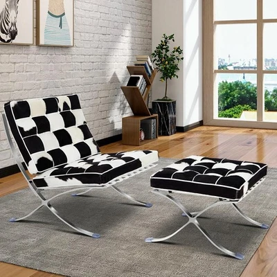 Sillón Premium con otomana cuero genuino/asiento de club de pelo de caballo plegable Foto 1 de 3