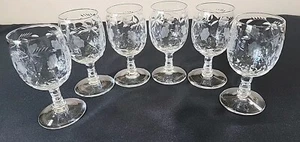 Elegant Hand Cut & Etched Wine Goblets Glasses with Flowers & Leaves Set of 6 - Picture 1 of 12