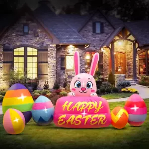 8FT Easter Inflatable Decorations Bunny with Eggs Build-In LED Lights Holiday - Picture 1 of 12