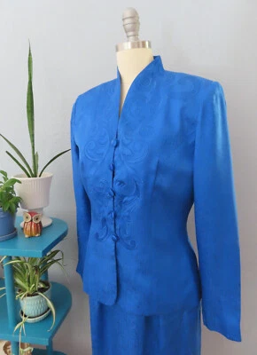 Traje chaqueta y falda de seda azul zafiro ADRIANNA PAPELL talla 6 Foto 1 de 4