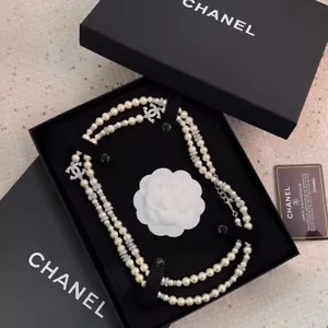 😍CHANEL Pearl Silver Long 2 CCS Sweater Chain Necklace with Crystal 24C - Picture 1 of 7