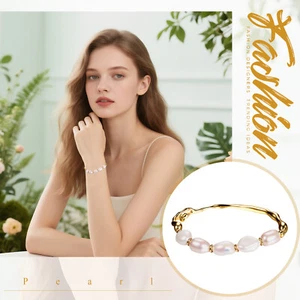 Women's Bohemian 14K Gold Freshwater Baroque Pearl Bracelet Minimalist Bangle - Picture 1 of 8
