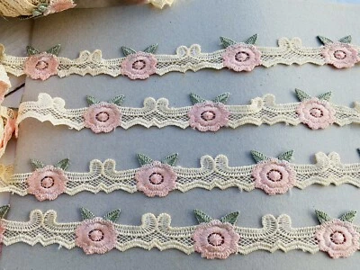 2 Yards Antique White & Pink Embroidered Ribbon Trim/Sewing/Crafts/Bridal/1" W - Image 1 of 4