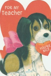 Vintage Valentine Card Beagle Dog in Pink Bow for Teacher Hallmark 1960's - Picture 1 of 2