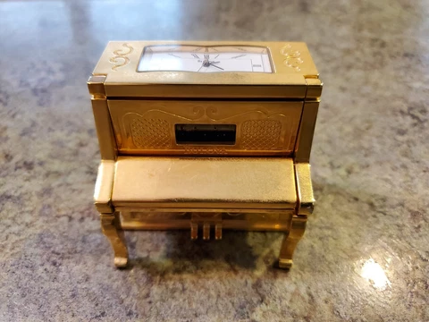 BULOVA Player Piano Mini Clock No Music Playing Metal Gold Tone Vintage AS IS Cover