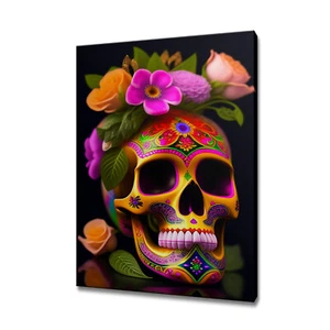 Mexican Skull With Blooming Flowers Gothic Canvas Print Wall Art Home Decor - Picture 1 of 7