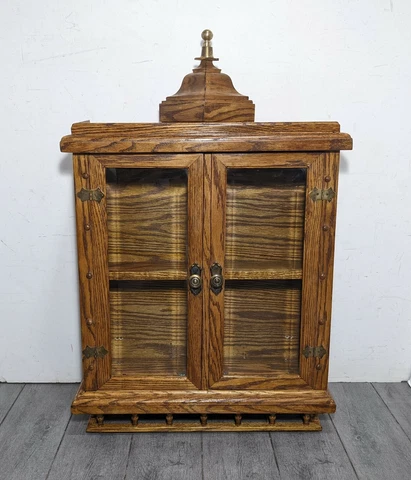 Vintage Rustic Handcrafted Oak Wood Wall Display Cabinet Curio Bevel Glass Doors Cover