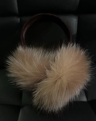 Ear Muffs Bloomingdale’s Brown Cream Fox Fur Velvet Band One Size - Image 1 of 4