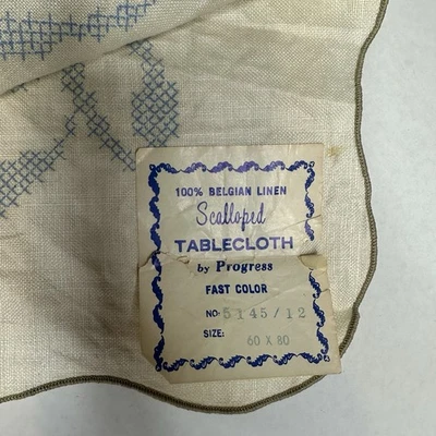 Vtg Stamped Scalloped Tablecloth 100% Belgian Linen No.5145* 60 X 80 - Image 1 of 4