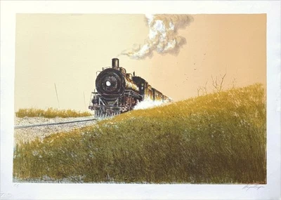 Wayne Cooper STEAM Signed Lithograph, Vintage Train, Rural Landscape, Locomotive - Изображение 1 из 4