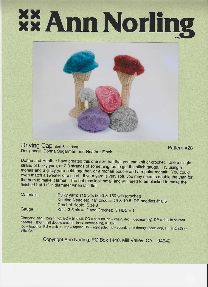 Ann Norling knitting and crochet pattern "Driving Cap", new.  FREE SHIPPING - Image 1 of 1