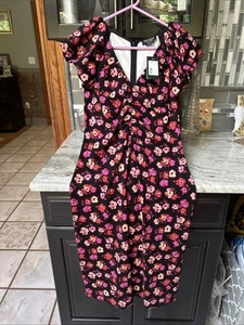 NWT Kate Spade Womens Dress Red Sz M BLACK/ Pink Poppies -Neck Cinch Waist - Picture 1 of 10