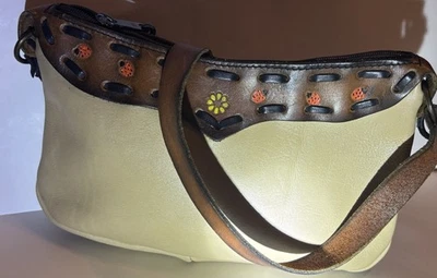 Hermoso Bolso de Hombro Vintage Corte a Mano Cuero Tooled - Taupe y Marrón - Pintado Foto 1 de 4