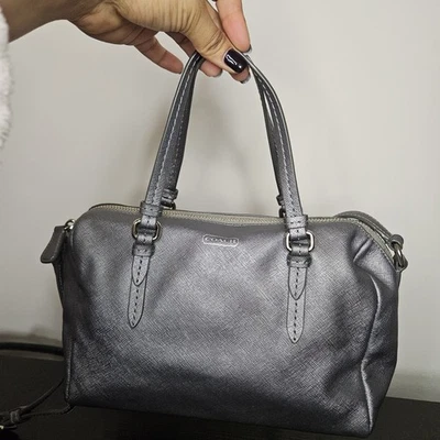 Coach Metallic Silver Textured Leather Satchel Bag - Excellent Used Condition - Image 1 of 4