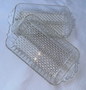 Pair Of Vintage Anchor Hocking Glass Divided Hobnail Relish Dish W/Swirl Handles - Picture 1 of 8