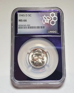 1945 D JEFFERSON WAR NICKEL 35% SILVER NGC MS 66 TRADER BEA PURPLE CORE #S244 - Picture 1 of 5