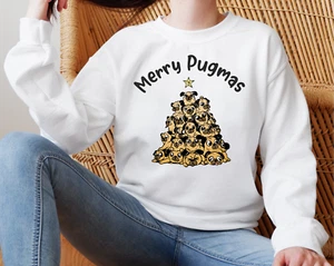 Sweatshirt Jumper Christmas Dog Lover Adult Childrens Xmas Day Black Grey Pugmas - Picture 1 of 9