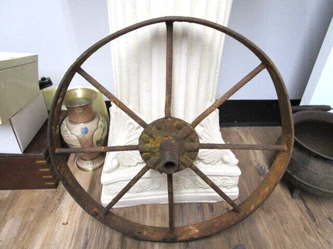 VINTAGE IRON 8 SPOKE WHEELBARROW, WAGON WHEEL, 16" DIAMETER, 1 3/4" WIDE Cover