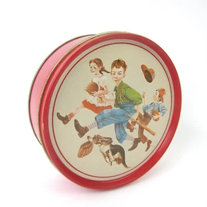Vintage Norman Rockwell Round Metal Tin 6" Boys Girl Dog Running Baseball Red - Picture 1 of 10