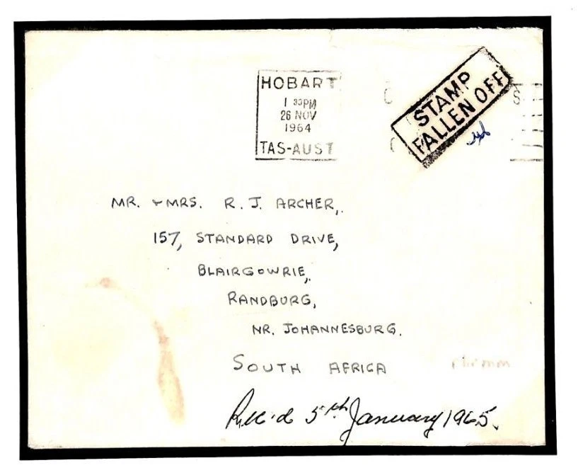 Australia Cover *STAMP/ FALLEN OFF* Explanatory Tasmania South Africa 1964 U177b - Image 1 of 4