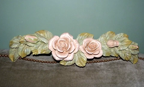 Vintage Pediment Door Topper Roses Pale Pink Green Leaves 21.25" Resin-Like 3D Cover