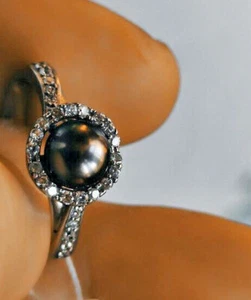 NOS natural black Seawater Pearl sterling silver ring w sertification 2010 - Picture 1 of 7