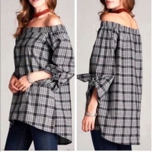 Sexy Off Shoulder Shirt Women Size Small Cotton Black White Plaid Casual - Picture 1 of 5