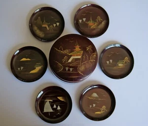 Vintage Aizu Lack Ware, handbemalt in Japan Untersetzer Set enthalten in Box - Bild 1 von 5