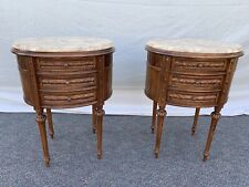 Vintage Antique Style Pr. of Carved Wood Marble Top End Side Tables Night Stands