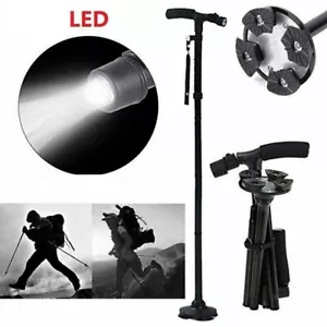 FOLDABLE WALKING STICK WITH LED LIGHT DISABILITY HEAVY DUTY CANE TORCH ALUMINIUM - Picture 1 of 24