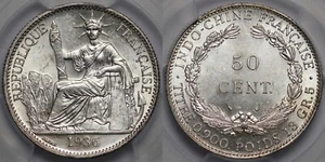 PCGS Graded MS62 French Indo China 1936 50 Cents Uncirculated Silver Coin - Bild 1 von 3