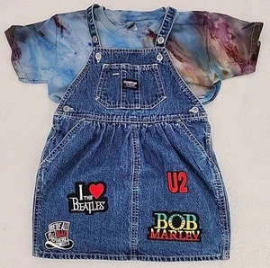 OshKosh B’Gosh Denim Overall Dress Girl's Size 4 Tie Dye Shirt XS Music Upcycled - Picture 1 of 23