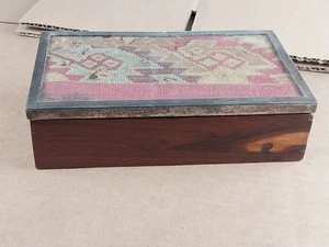 Antique Pre-Columbian Textile Framed Lid Sterling Silver Wooden Box - Picture 1 of 15