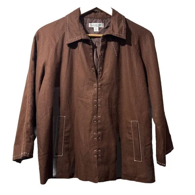 Coldwater Creek средний женщин коричневый льняной вискозы 3/4 рукав короткая куртка блейзер - Изображение 1 из 4